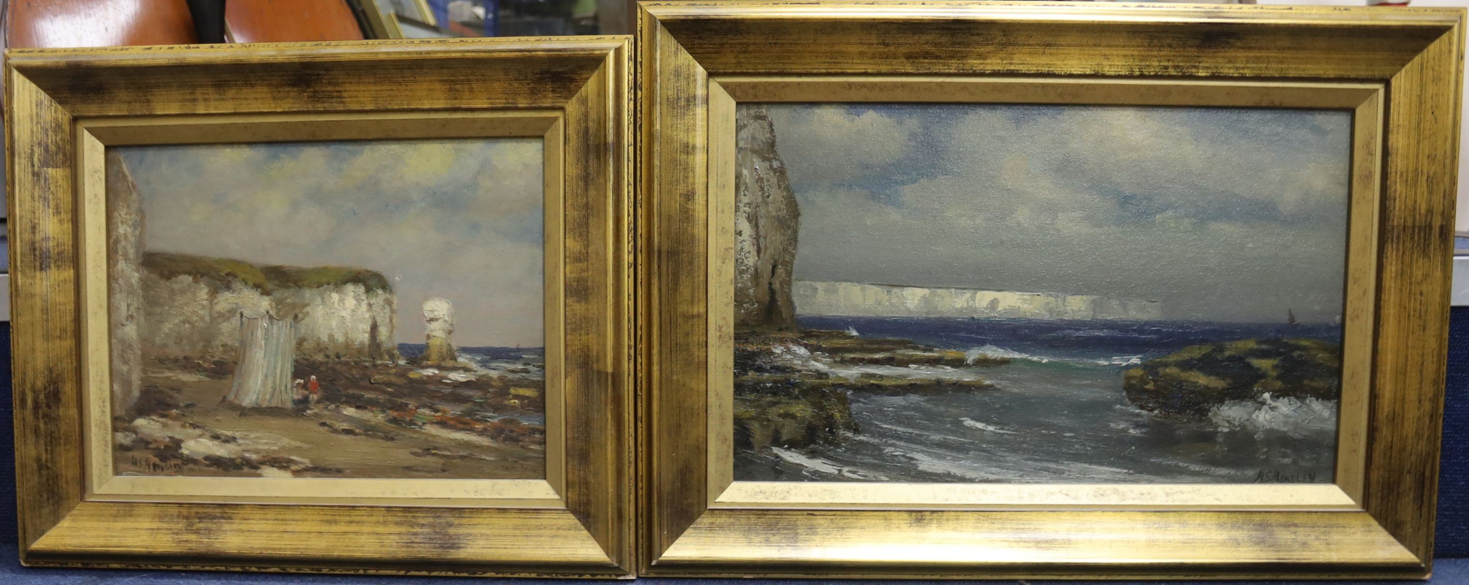 H.S Hemsley, two oils on board, Coastal landscapes, signed, 24 x 39cm and 22 x 29cm